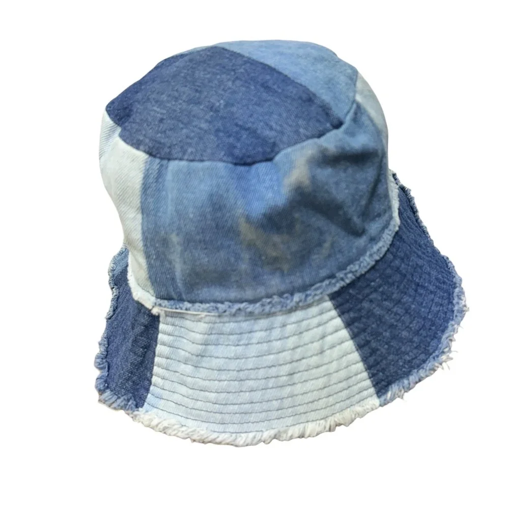 Garage‎ Patchwork Denim Bucket Hat Blue Frayed Raw Edge Y2K Festival One Size